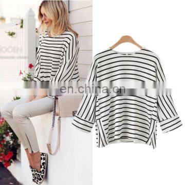 2017 summer spring stripe elegant t shirt round collar t shirt three quarter sleeve shirt for women