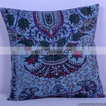 Indian Cotton Handmade Grey Floral Kantha Throw Pillow Cover Indian Textile Art Hand Kantha Quilted Cushion Cover