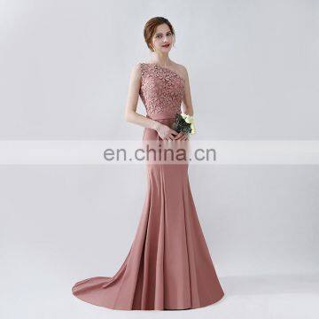 High Quality Mermaid Sleeveless One Shoulder Custom Made Sweep Train Satin Women Prom Dress