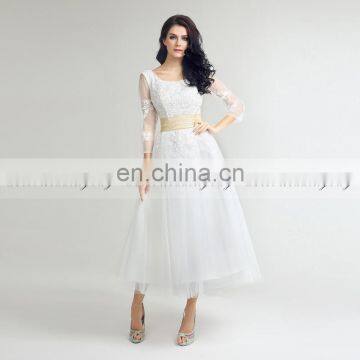 Elegant Square 3/4 Long Sleeve Lace-up Applique A Line Tulle Tea Length Wedding Dresses SD036