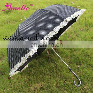 Bowl Shape Black Polka Dot Ruffled Edge Ladies Umbrella