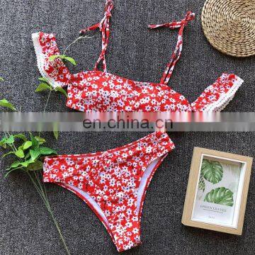 2019 Sexy High Waist Swimsuit Women Lace Bikini Off Shoulder Bikinis Swimwear Red Print Biquini Bathing Suit Beachwear