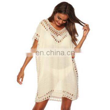 Solid Color V-neck Hand Hook Stitching Sexy Hollow Loose Beach Bikini Blouse Skirt Dress photo-4