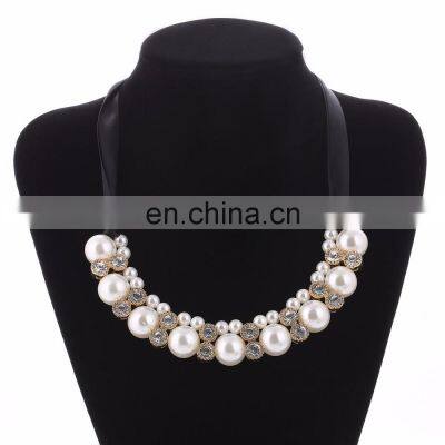 Imitation Pearl Chokers Necklace White/Black Beads Rhinestone Ribbon Pendants Necklace For Women