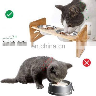 Adjustable Bamboo Raised Pet Bowl Elevated Dog Cat Food and Water Bowls Stand Feeder Poultry Feeder With Stainless Steel Bowls photo-4