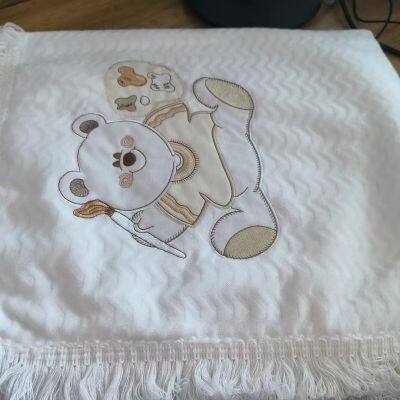 White Cloth Embroidery Sherpa Baby Swaddle Baby Blanket Shawl With Fringe