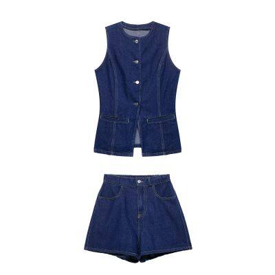 European and American style slim fit denim vest+high waisted shorts set