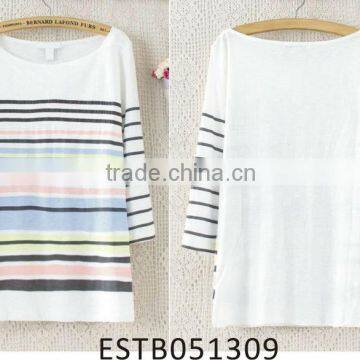 Ladies colorful stripe cotton 3/4 sleeve t-shirt