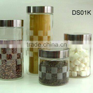 glass jar with frosted design with stainless steel window lid