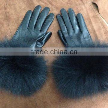 High Quality Sheepskin Leather Gloves With Fox Fur Trim Gloves photo-3