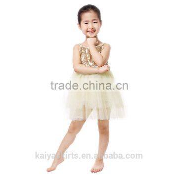 Latest beautiful star formal evening gold sequin cream net spaghetti strap child summer dress 2016