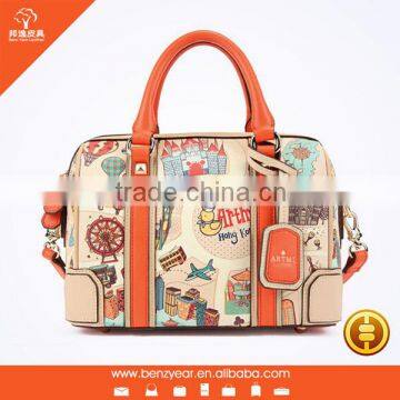 Fashion Pu leather women bag canvas tote bag with colorful pics printing