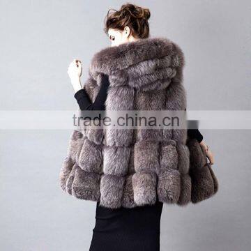 2016/2017 Latest Design Winter Top Quality Real Fox Fur Vest With Hood Long Style Whole Skin Silver Fox Fur Vest for Women