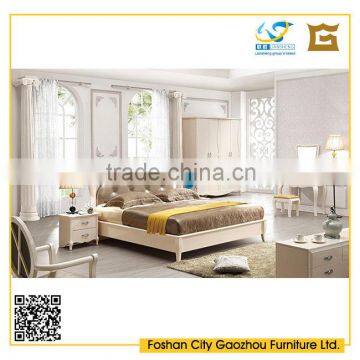 2016 european style white high glossy wood bedroom furniture sets with tufted leather headboard bed