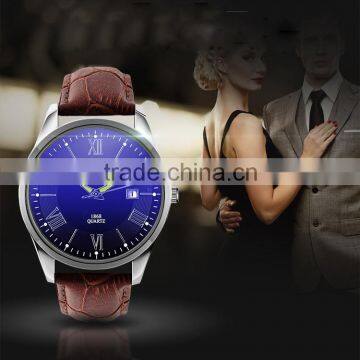 High class bule dial alloy case genuine leather band with night view men fashion watches