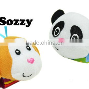 sozzy wrist rattle, sozzy watch belt, monkey and panda designs