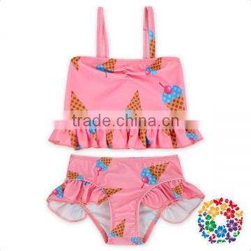 Girls Two Pieces Swimsuit Set Ice Cream Print Ruffle Bikini Swimwear For Kids