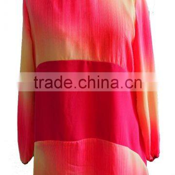 Multi Color Print Round Collar Long Sleeve Chiffon Shirt With Front Strip Blouse Tunic Dress