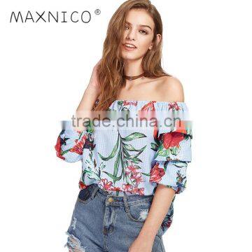 MAXNEGIO ladies crop top chest floral printing off shoulder blouse for women