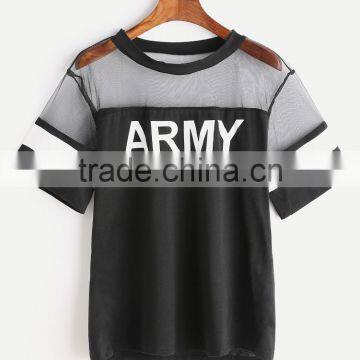 2017 latest design wholesale custom clothes fashion black boutique short sleeve mesh rubber print t-shirt with logo