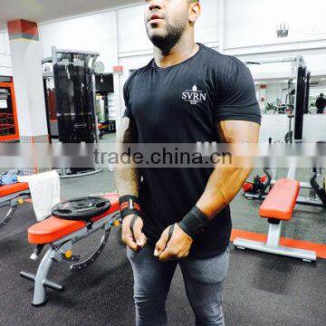 Short Sleeve Black Longline Men's Gym T-Shirt 95% Cotton 5% Elastane Muscle Bodybuilding Fitness T Shirt Workout Shirts