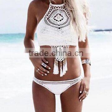 2017 bohemian white kaki fringed lining women crochet bikini set