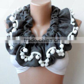 Scarf,Gray Loop Scarf, Ruffle Scarf, Gray Infinity Scarf, Circle, Gray Pashmina,Christmas Scarfs, Pompom Scarf, Fashion,cowl Sca photo-6
