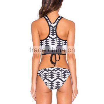 Polyester Bikini Backless Two Piece Hollow Padded Printed Geometric White and Black Sold By Set photo-2