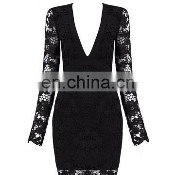 2017 Newly Black Elegant Lace Long Sleeve Dew Chest Bandage Dress Sexy Deep V Neck Mini Evening Dresses for Women Party Wear photo-2
