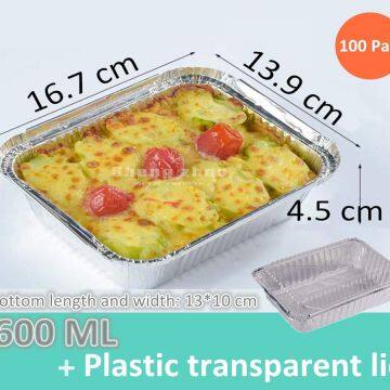 100 Pack Aluminum Pans with Plastic Transparent Lids, Deep Steam Table Pans, Rectangular Aluminum Pans for Cake, Roasting (600 ML)