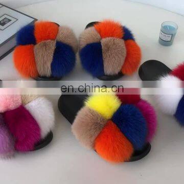 2020 new  fur shoes BIG SALE Multicolor women fur slides Custom logo Fluffy fashion fox fur pom poms slippers