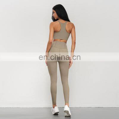 Front Zip Sports Bras Gym Custom Fitness Sets High Waisted Yoga Leggings With Back Pocket 80nylon 20spandex