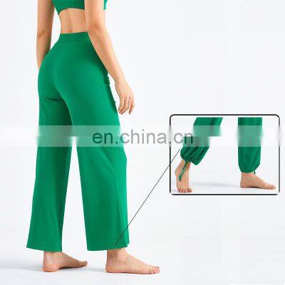 Anti-UV Sunscreen Loose Wide Legs Yoga Pants Solid Ribbed Drawstring Trouser Legs Sports Running Trousers Casual Women Gym Wear