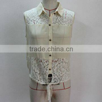 cheap chiffon sleeveless hem lace bow blouse