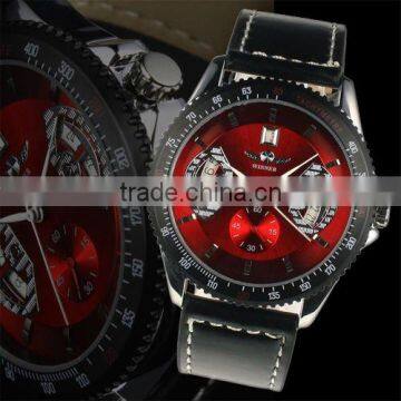 WM122 New Mens Red Dial Leather Strap Classic Design Self-Wind Up Mechanical Automatic Watch