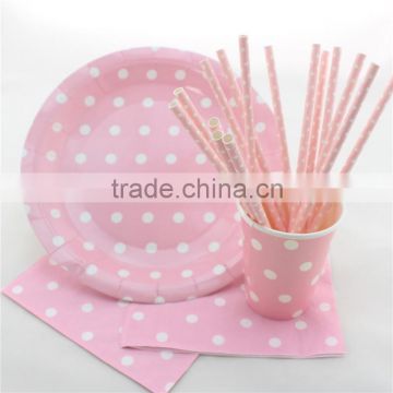 Promotion Baby Pink Polka Dot Paper Dinner Set Plate Cup Straw Napkin