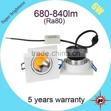 flush mounted CE RoHS certified 6w led lights, square shape cob led downlight