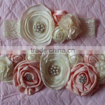 Hot-sales kids flower sash and headband set Baby Girl cream and pink colors flower chair sash and flower headband wh-1799