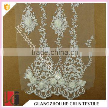 HC-6004-1 Hechun Machine Embroidery Chiffon Flower Bridal Lace Fabric with Pearls