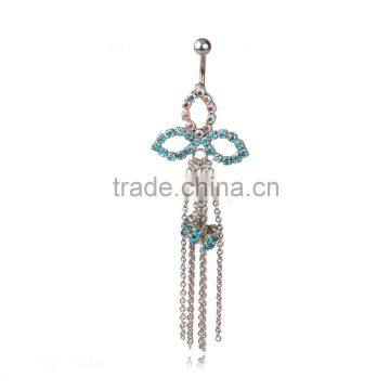 Multi Color Paves Flower With Clear Gems Chains Charms Dangle Belly Button Naval Ring.