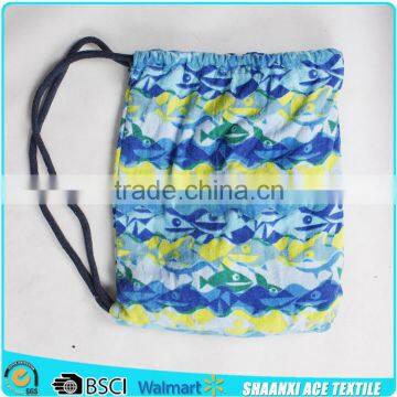 100% Cotton fish printing adult drawstring beach towel bag full screen printing adult drawstring bag