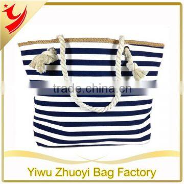 Blue and White Polyester Striped Beach Tote Bag with Rope Handles