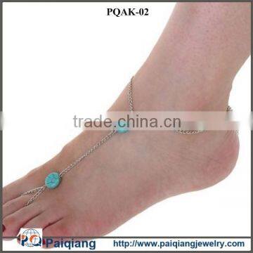China wholesale fashion hot selling silver chains double turquoise bead anklet