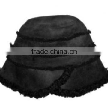 Womens Faux Black Shearling & Suede Cold Weather Bucket Hat