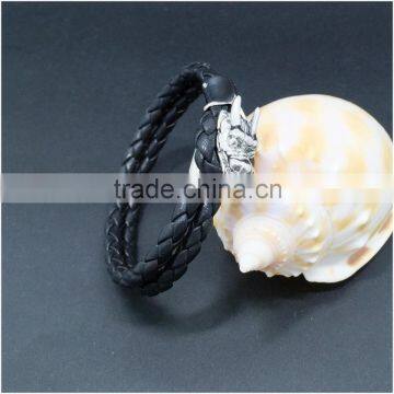 Trendy manly fashion locking stainless steel dragon head clasp double braided leather bracelet