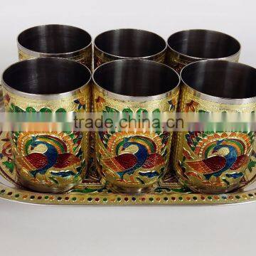 ROYAL PEACOCK DESIGNED STAINLESS STEEL MEENAKARI 6-GLASS SET -G.M. (2.5" x 2.5" X3.67" INCHES) photo-2