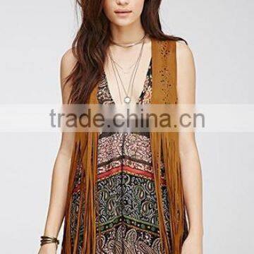 2015 Brand Designer Fashion Embossing faux Suede Fringed Women's Vest outwear clothes Customized