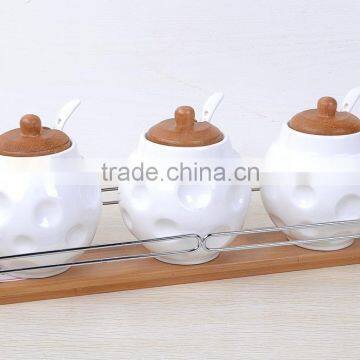 high quality wholesale ceramic spice bottles with wood lid/spice racks jars wholesale/3pcs set ceramic storage jar whole sale