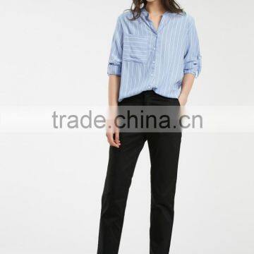 Custom ladies casual cotton shirts blue white stripe women shirts