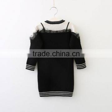 High Quality Child Elegant White Black Patchwork Long Sweater With Lace photo-2